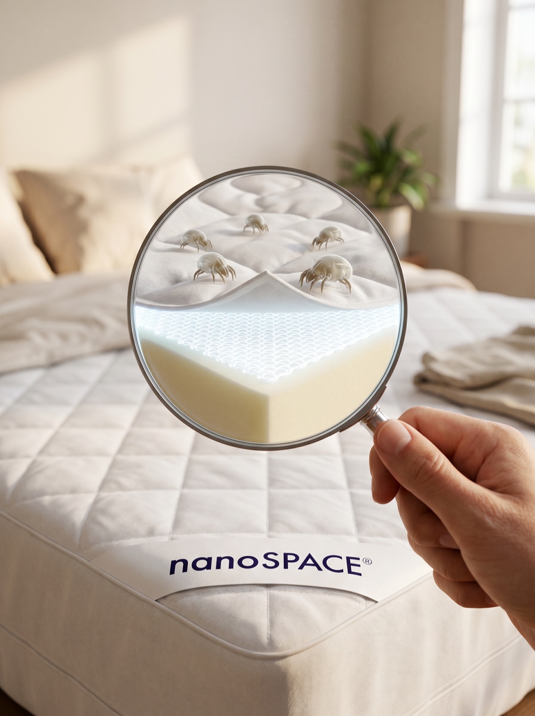 Protiroztočový povlak nanoSPACE na matraci — roztoči zachycení nad nanovlákennou membránou pod lupou