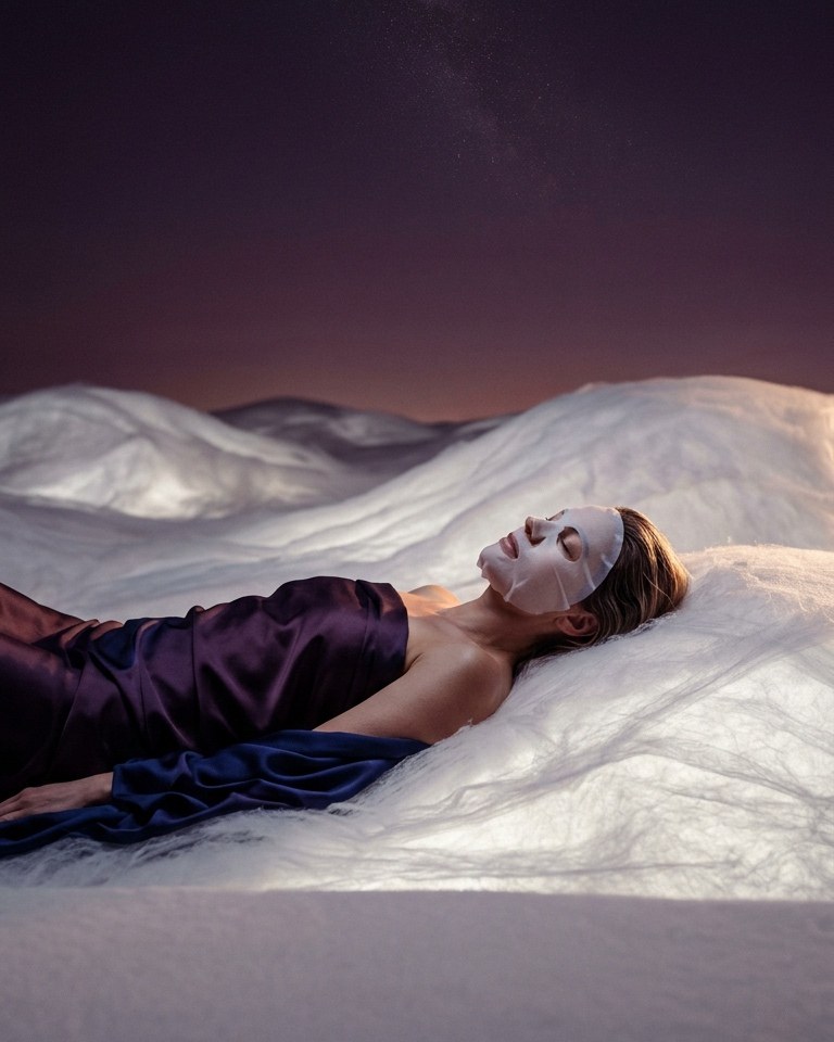 Žena s nanovlákennou pleťovou maskou nanoBeauty leží v krajině z nanovlákna